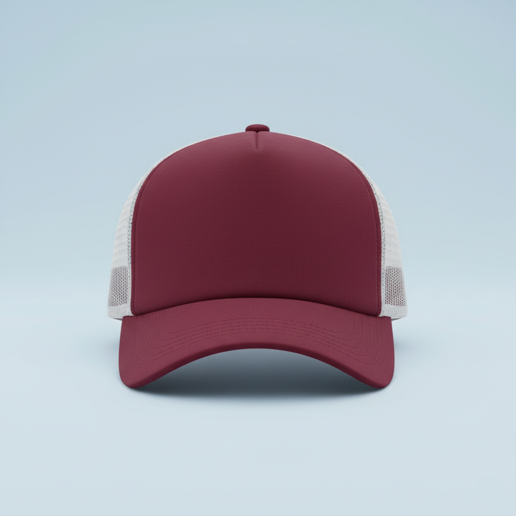 Maroon baseball cap with beige mesh on a light blue background