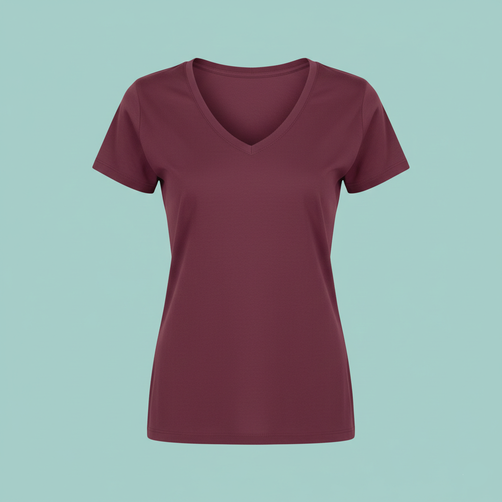 Maroon t-shirt on a light blue background