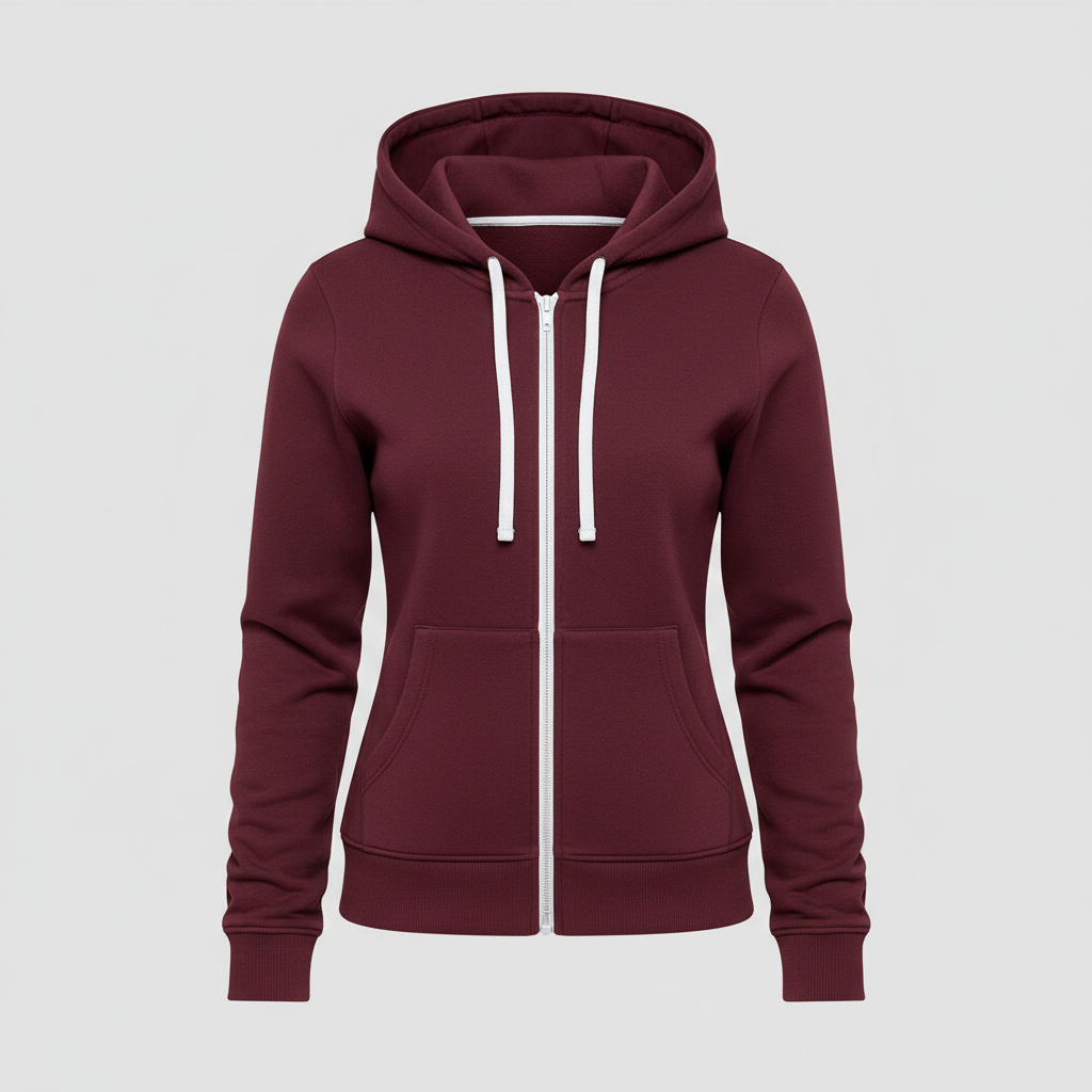 Maroon hoodie with a white zipper on a light gray background