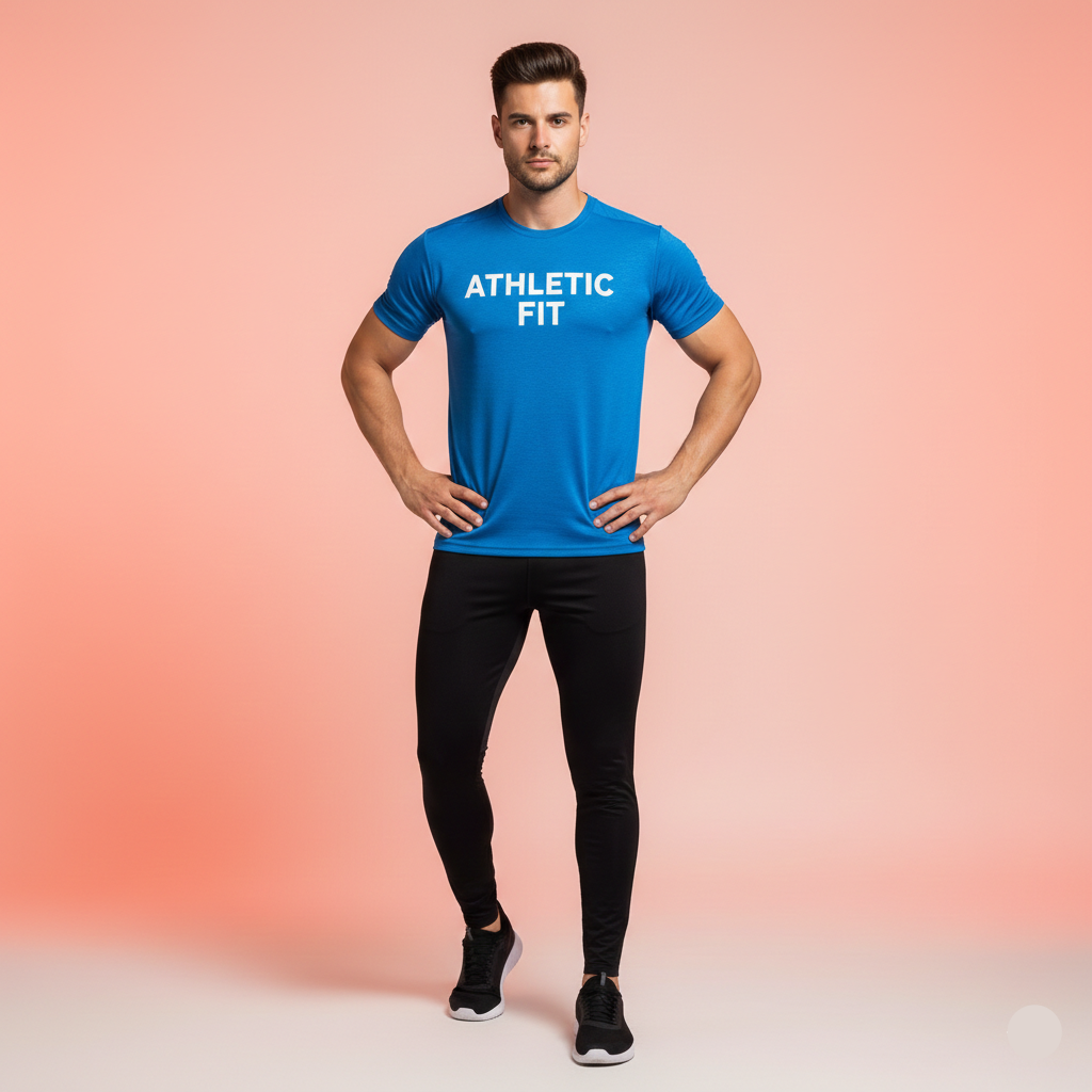 Man wearing a blue 'ATHLETIC FIT' t-shirt and black leggings on a pink gradient background