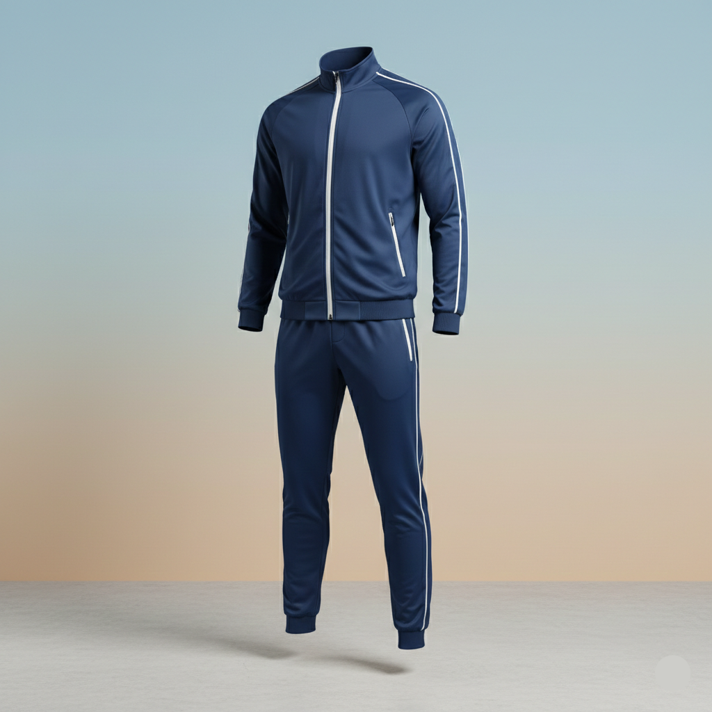 Navy tracksuit with white stripes on a gradient background