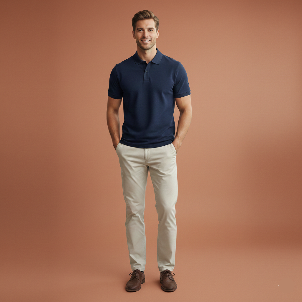 Man wearing a navy polo shirt and beige pants on a brown background