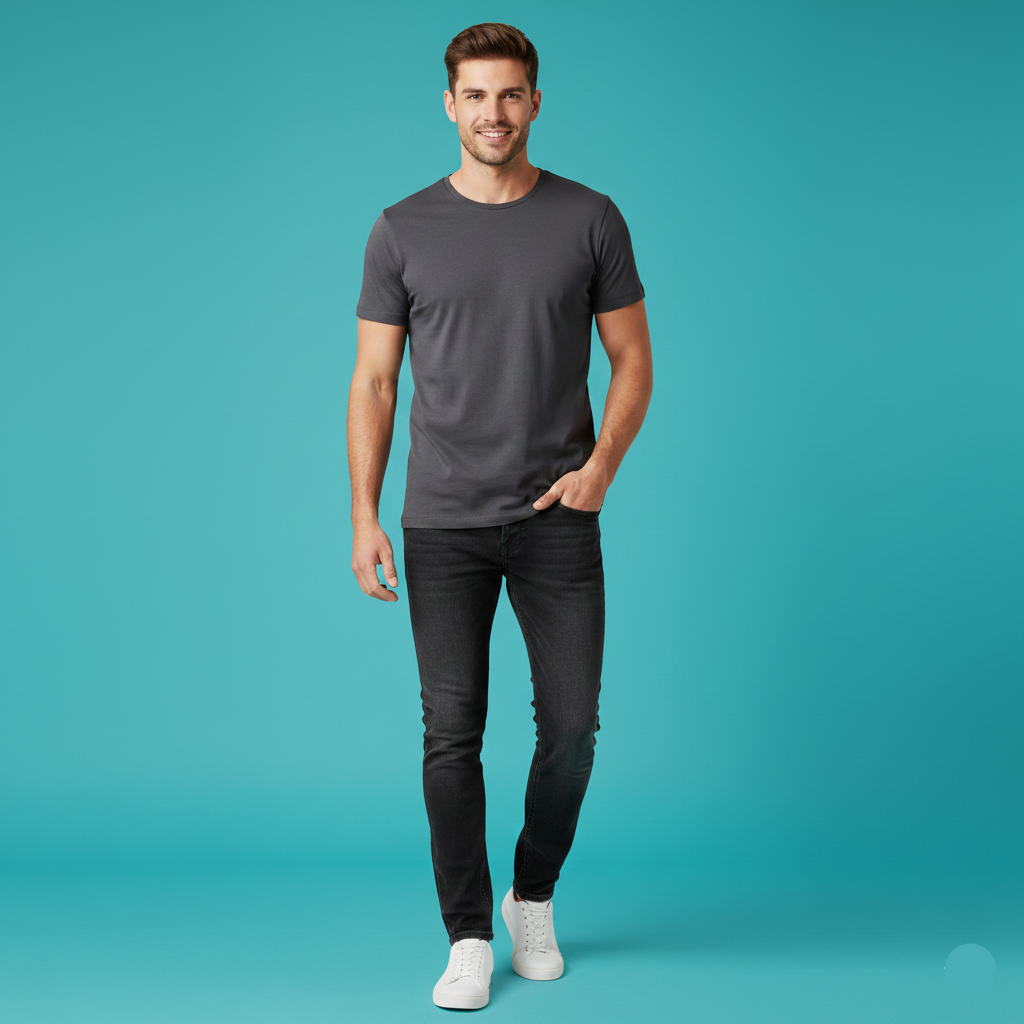 Man wearing a gray t-shirt and black jeans on a teal background