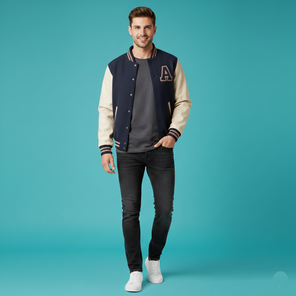 Man wearing a varsity jacket with a letter 'A' on a teal background