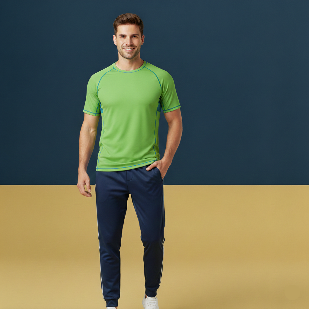 Man wearing a green athletic shirt and navy pants on a two-tone background
