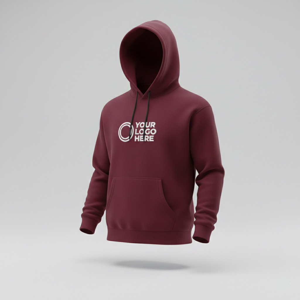 Maroon hoodie with customizable logo area on a gray background