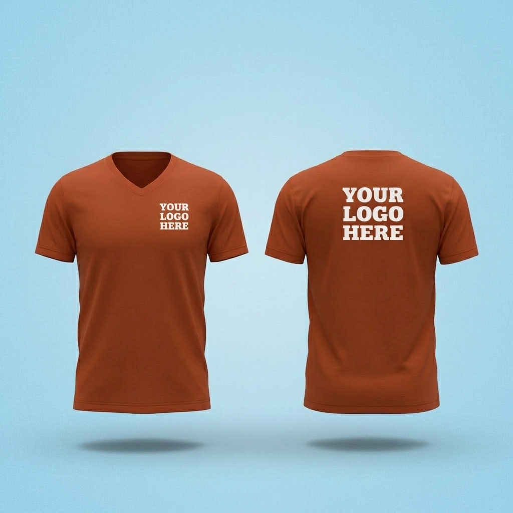Brown t-shirt with 'Your Logo Here' text on a light blue background