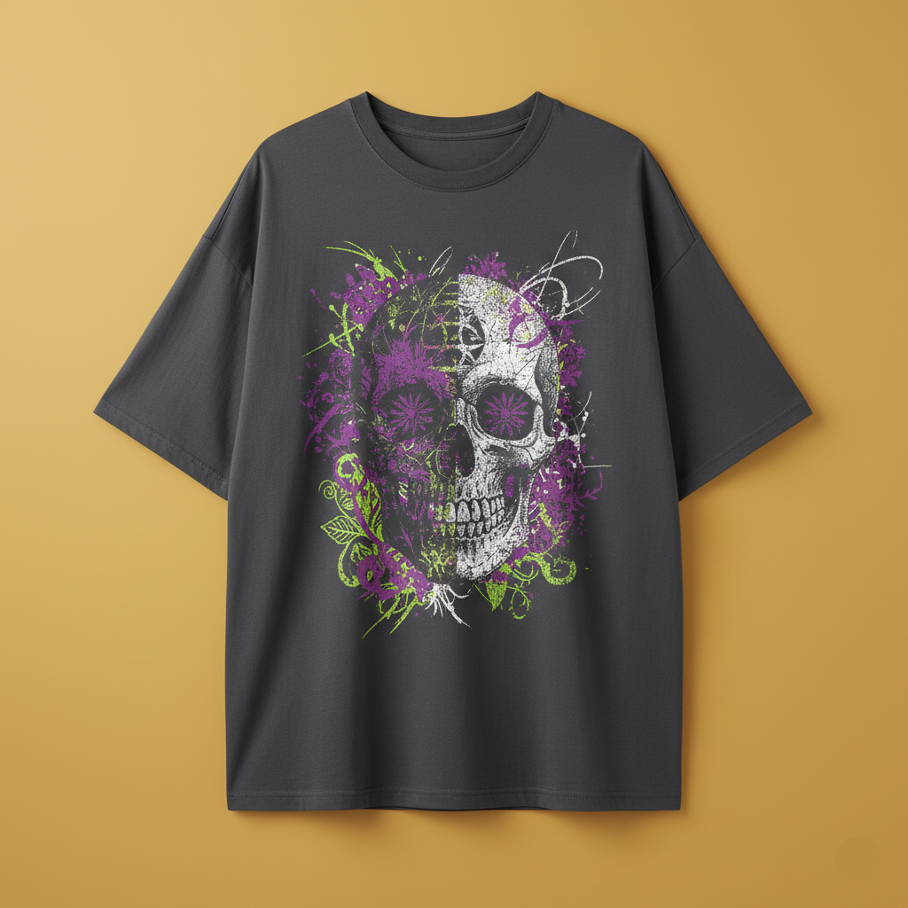 Gray t-shirt with a skull and floral design on a mustard yellow background