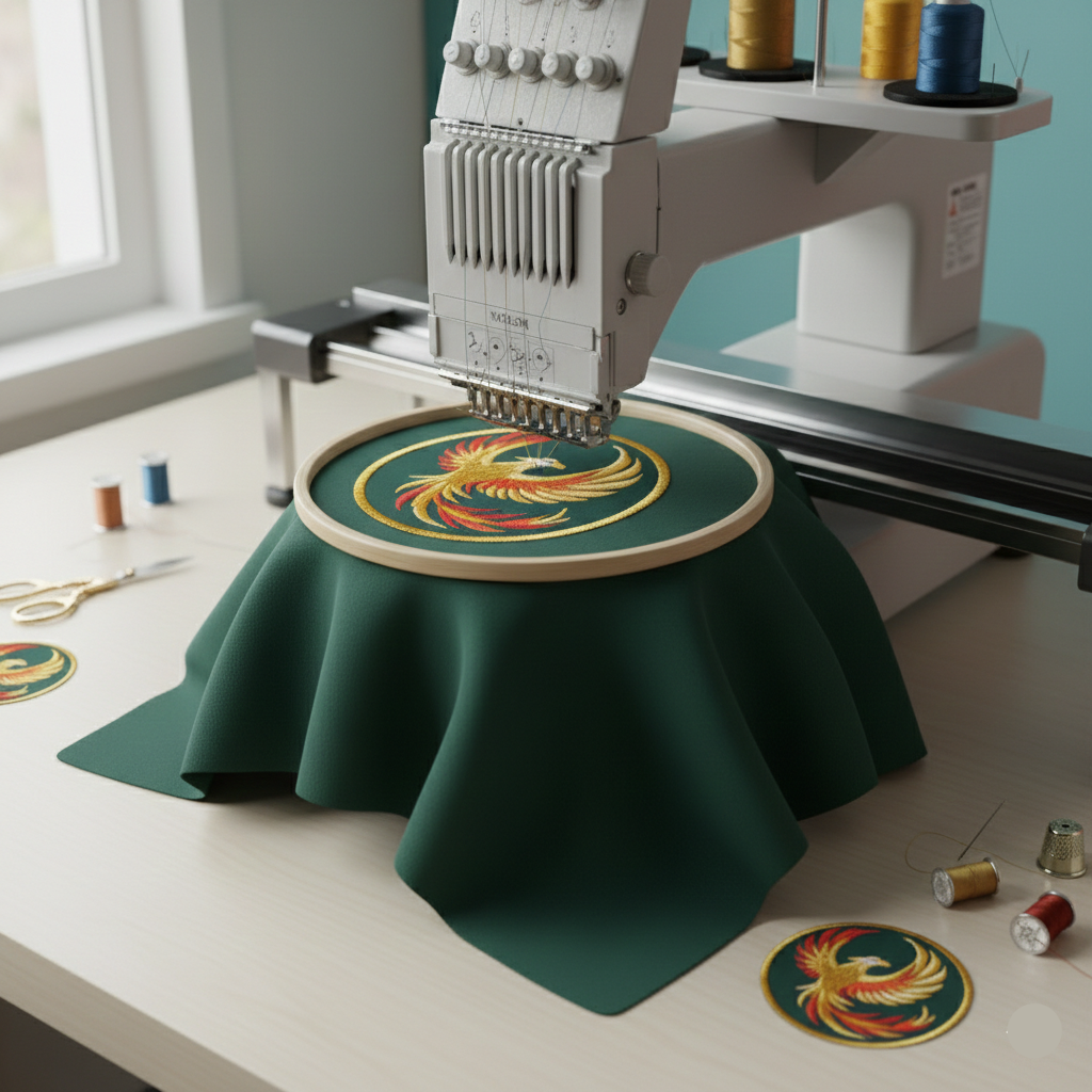 Embroidery machine in action with a green hoop and colorful design on a table.