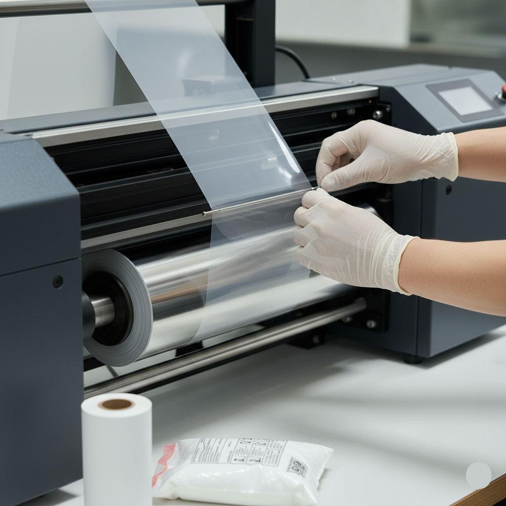 Person wearing gloves operating a large printer with a roll of clear material.
