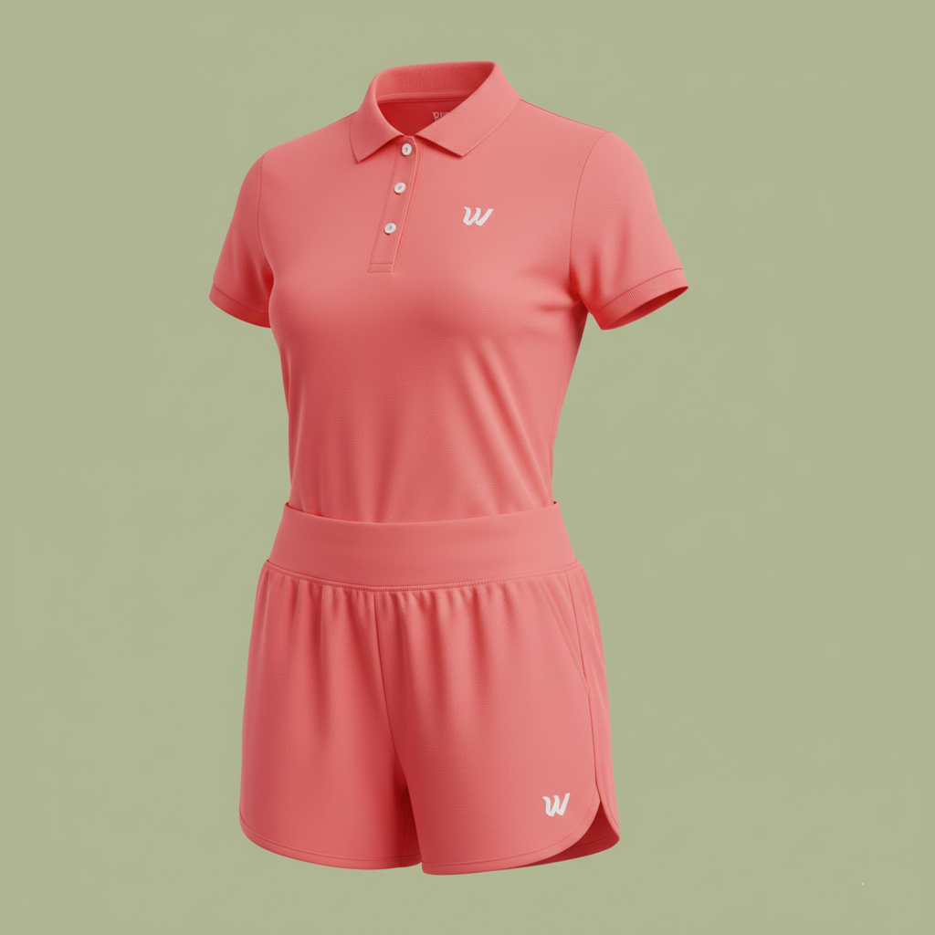 Pink polo shirt and shorts set with a logo on a light green background