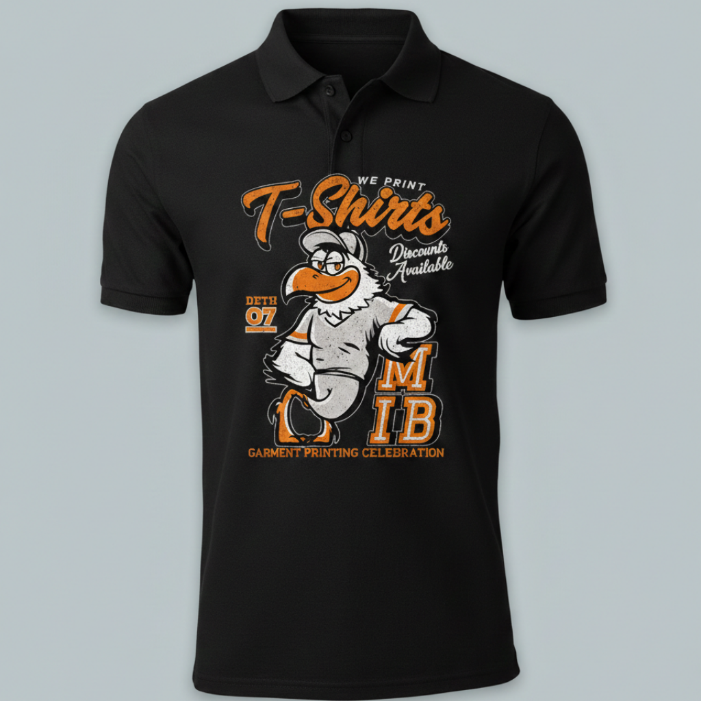 Black polo shirt with a cartoon character graphic and text on a gray background