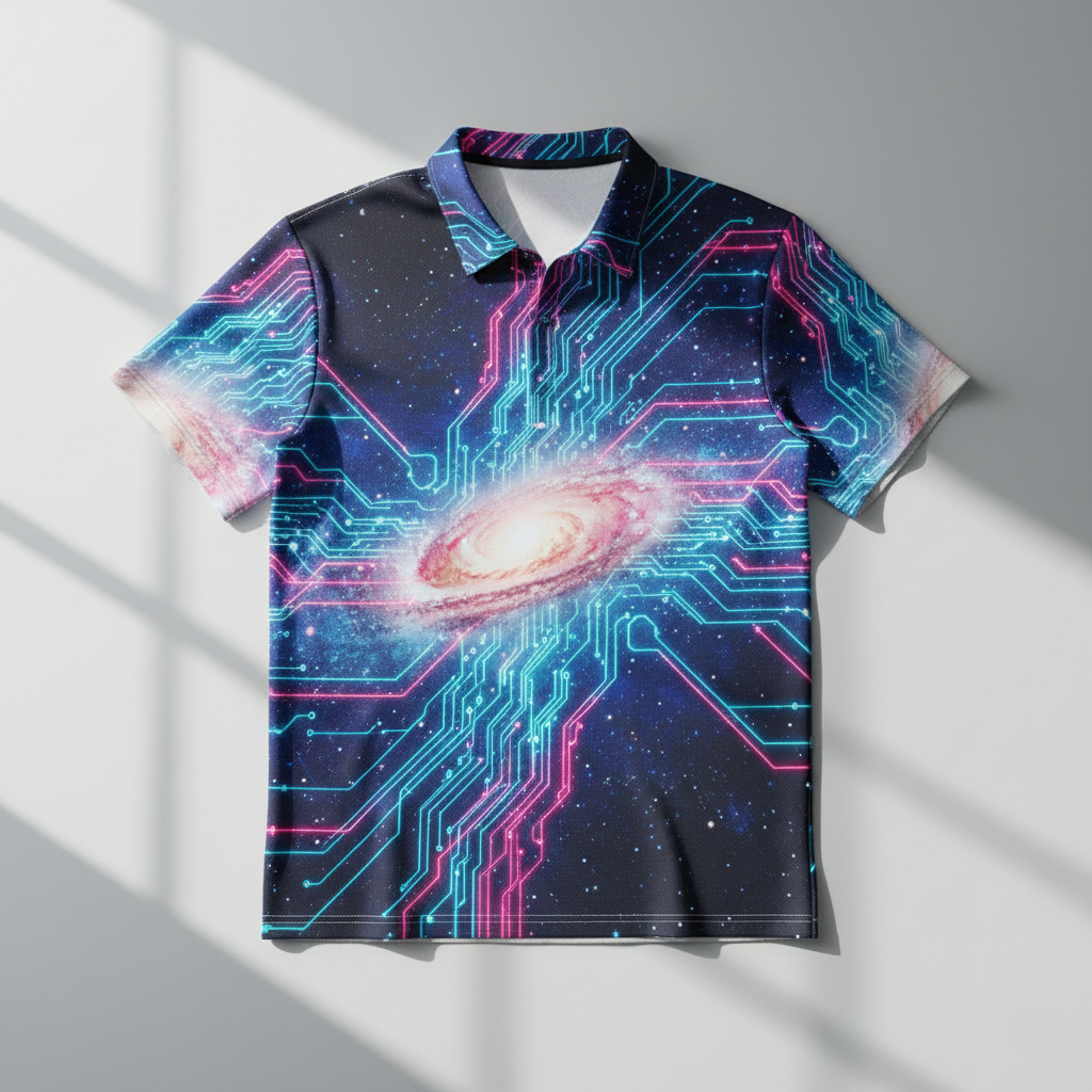 Polo shirt with a futuristic design featuring a galaxy and circuit board pattern on a light gray background.