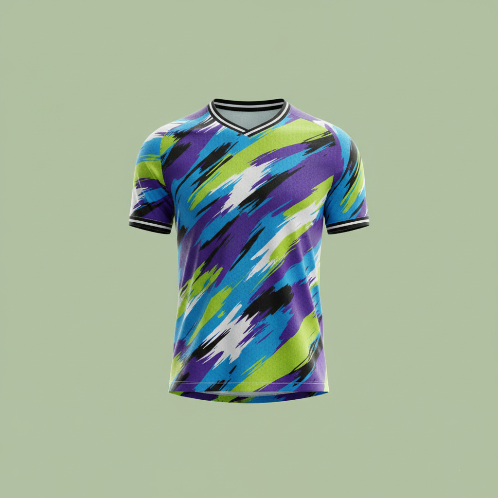 Colorful patterned t-shirt on a light green background