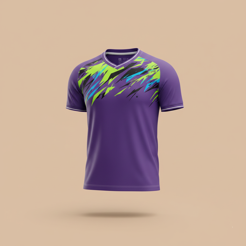 Purple sports jersey with green and black abstract patterns on a beige background
