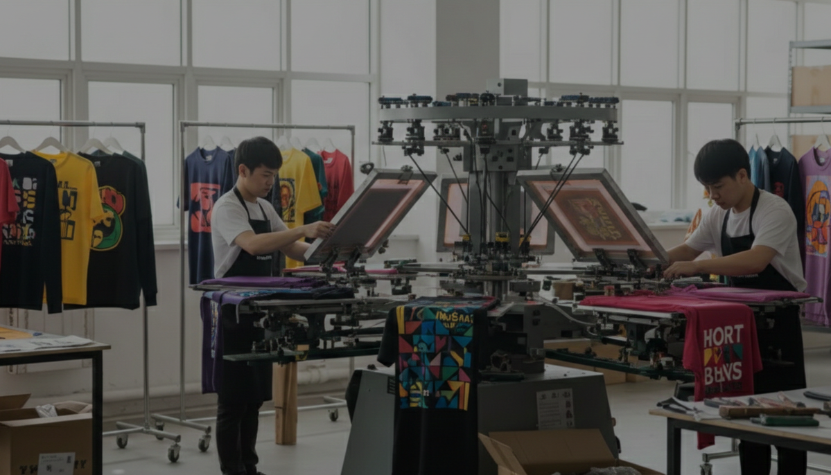 Two workers operating screen printing equipment in a factory setting.