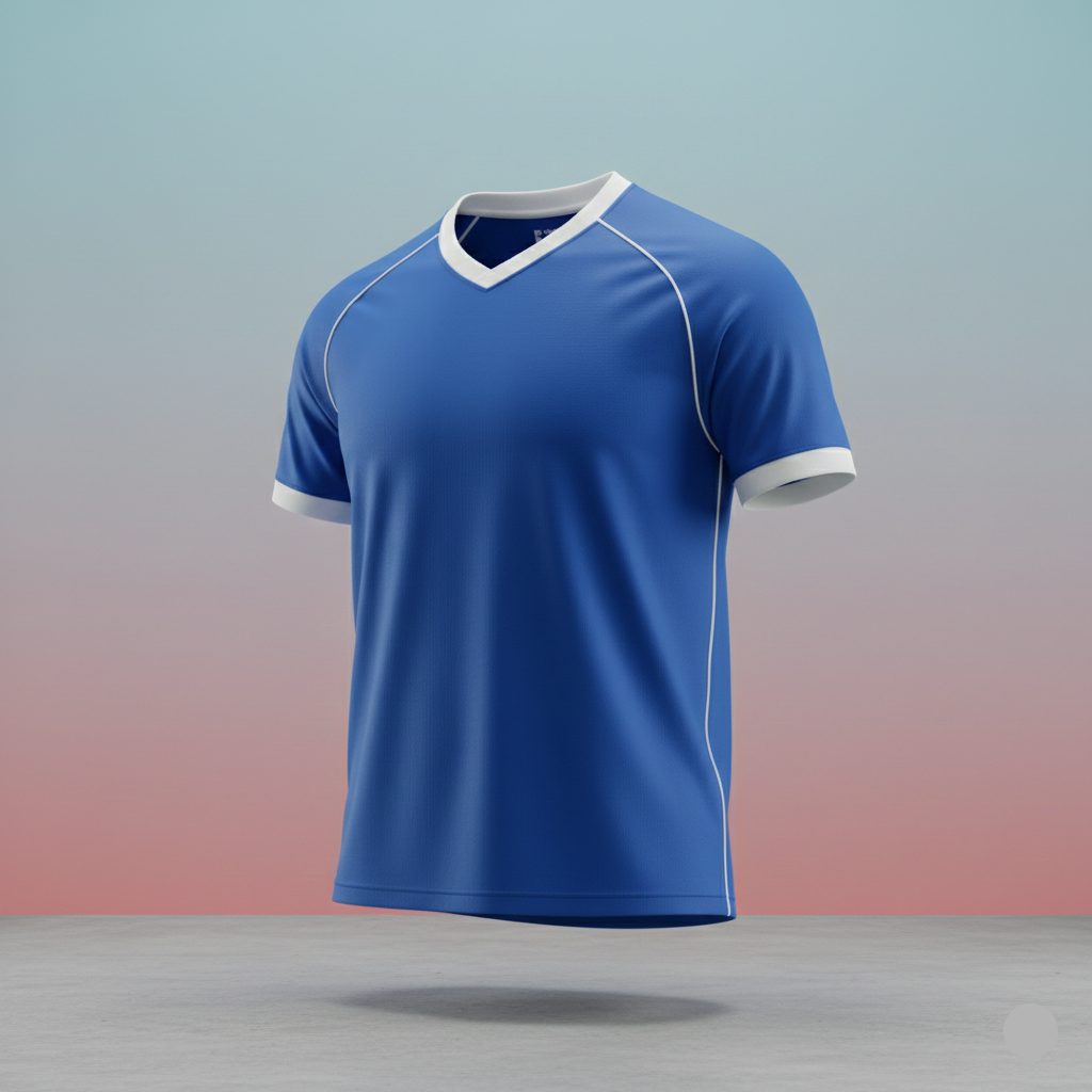 Blue sports jersey with white accents on a gradient background