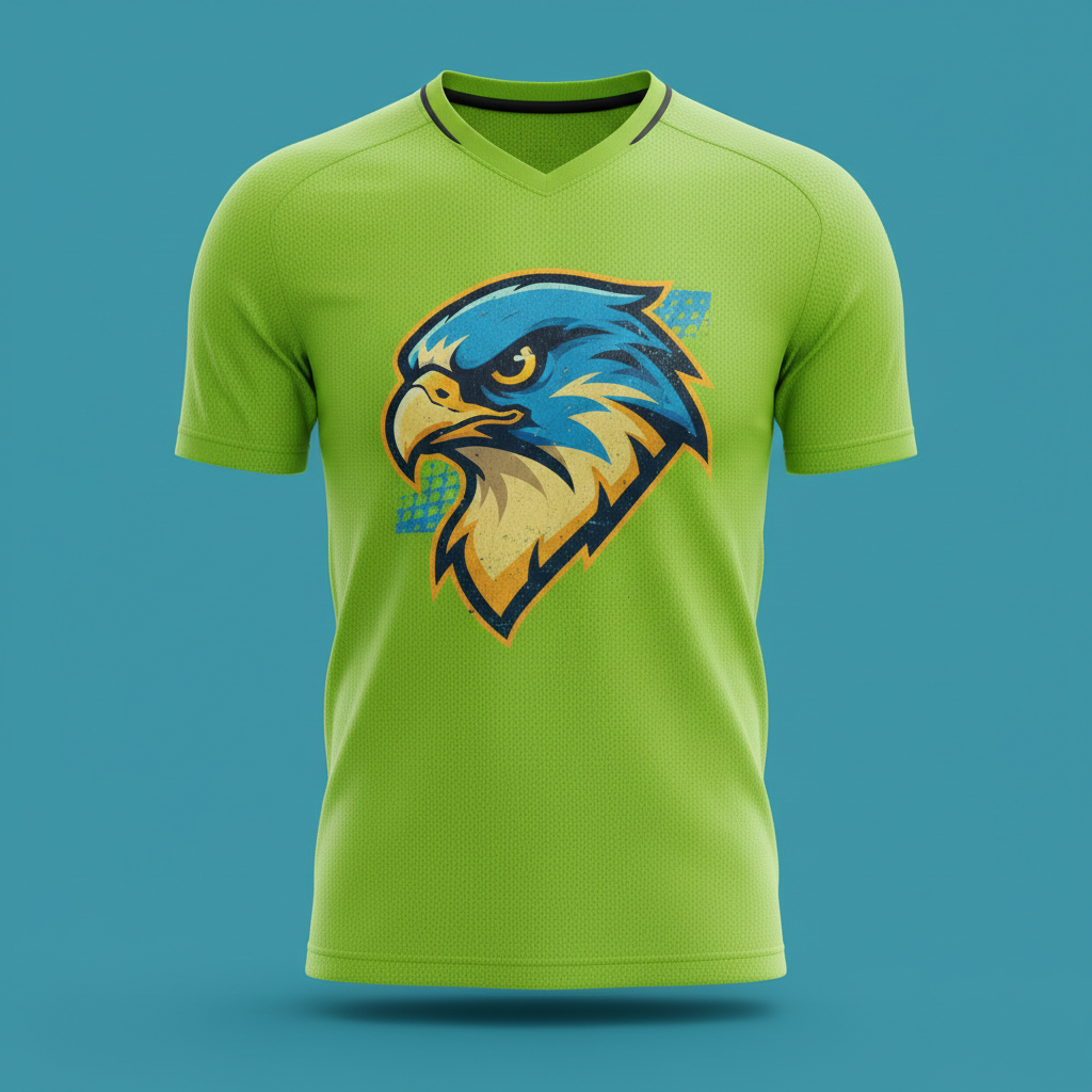 Green t-shirt with an eagle logo on a blue background