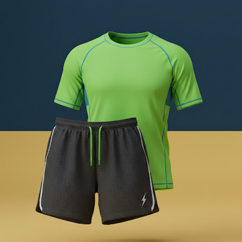 Green athletic shirt and black shorts with a lightning bolt design on a beige and navy background