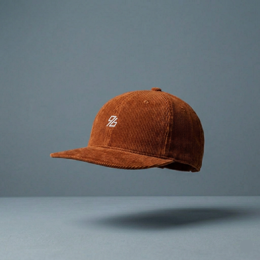 Brown corduroy cap with a logo on a gray background