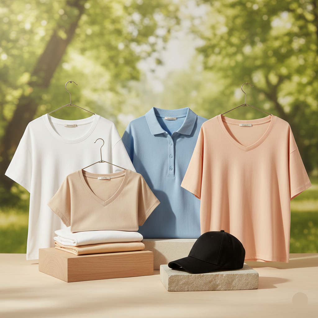 Collection of shirts and a cap on a neutral background with a blurred natural setting