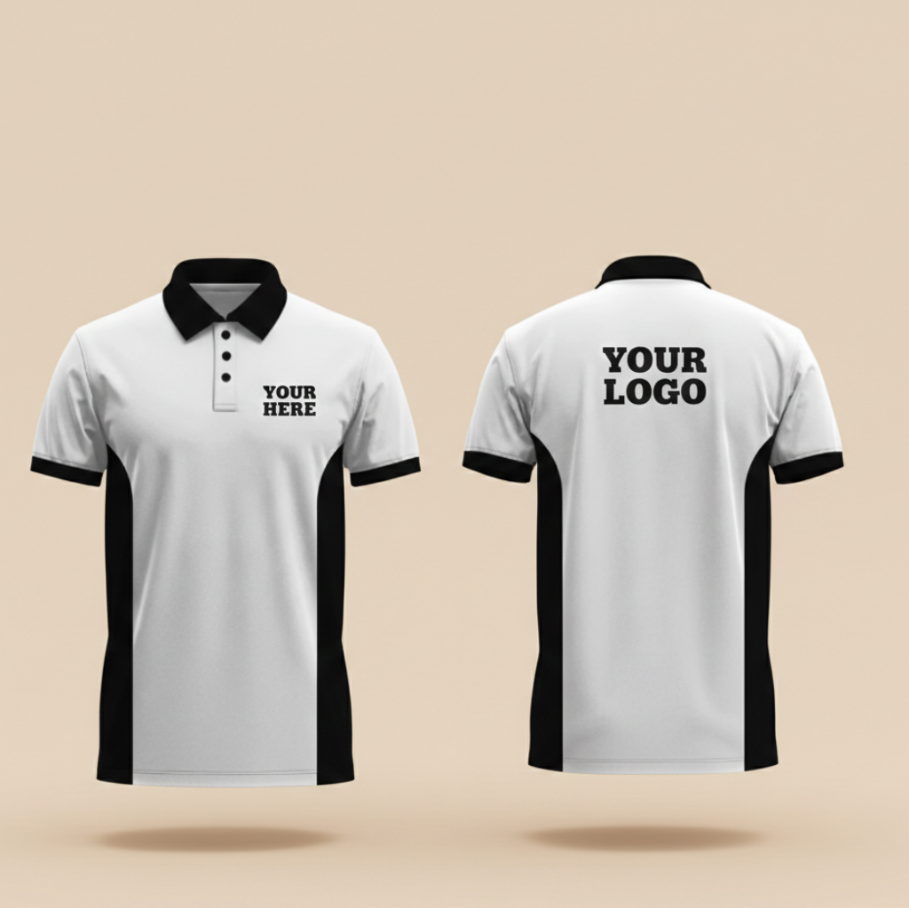 White polo shirt with black accents on a beige background