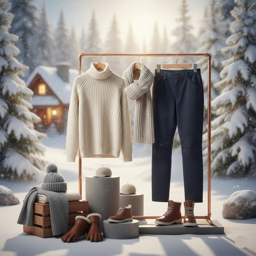Winter clothing set on a rack with a snowy landscape background
