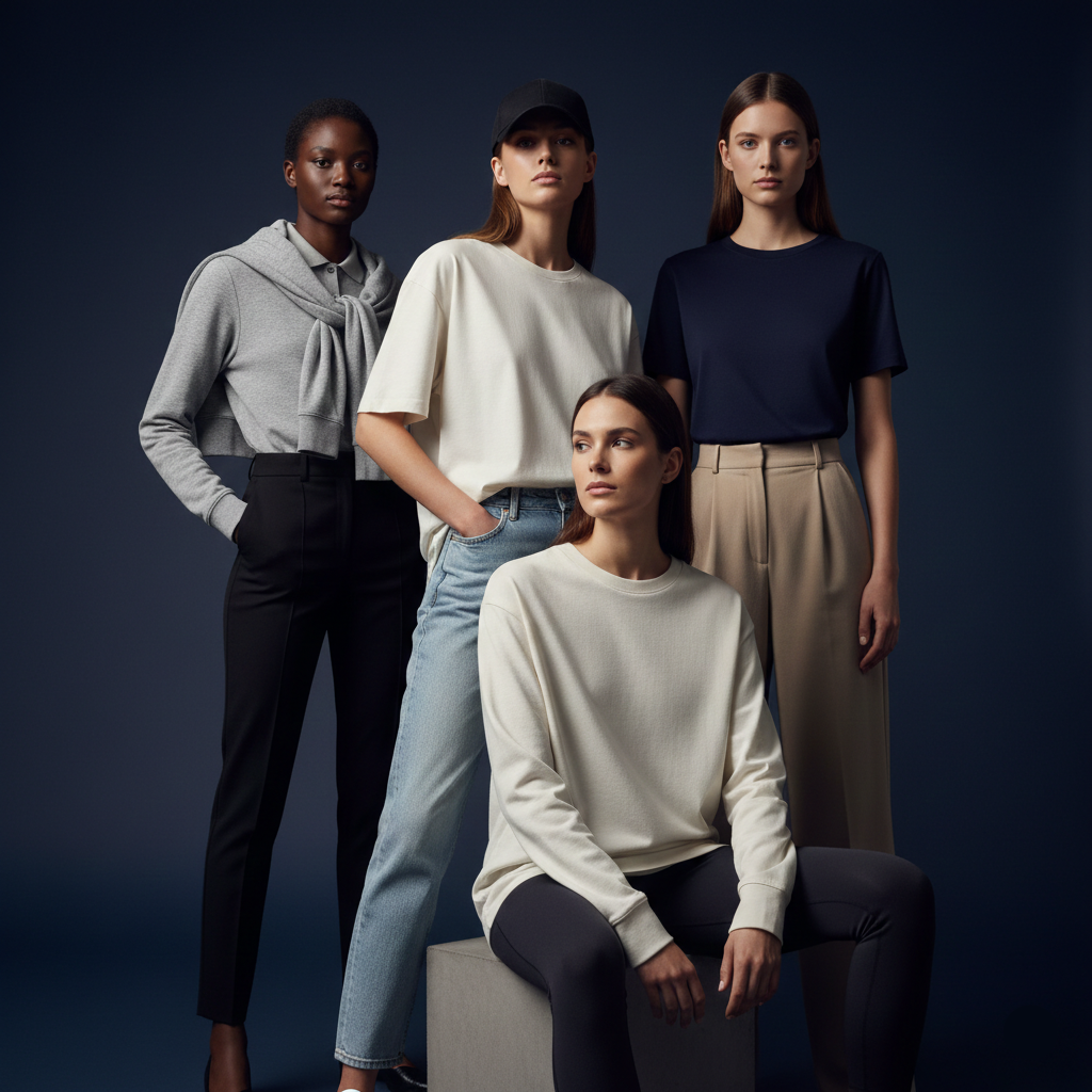 Four women in casual clothing against a dark background