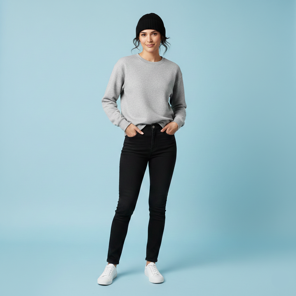 Woman wearing a gray sweater, black jeans, and white sneakers on a light blue background
