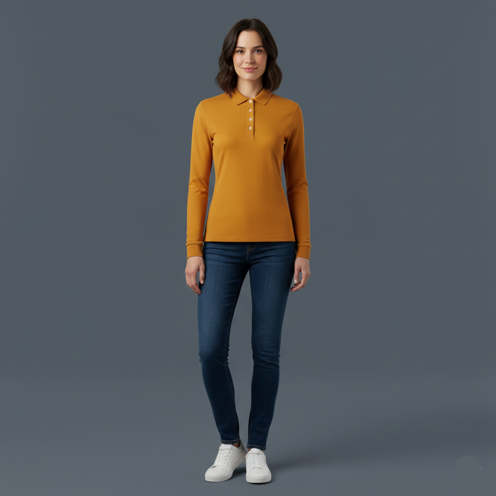 Woman wearing a mustard yellow long-sleeve shirt and blue jeans on a gray background