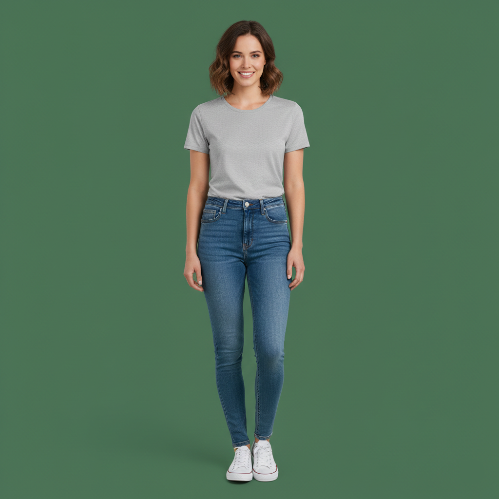 Woman wearing a gray t-shirt and blue jeans on a green background