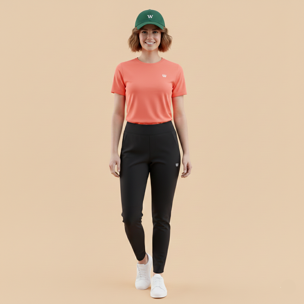 Woman wearing an orange shirt, black leggings, and a green cap on a beige background