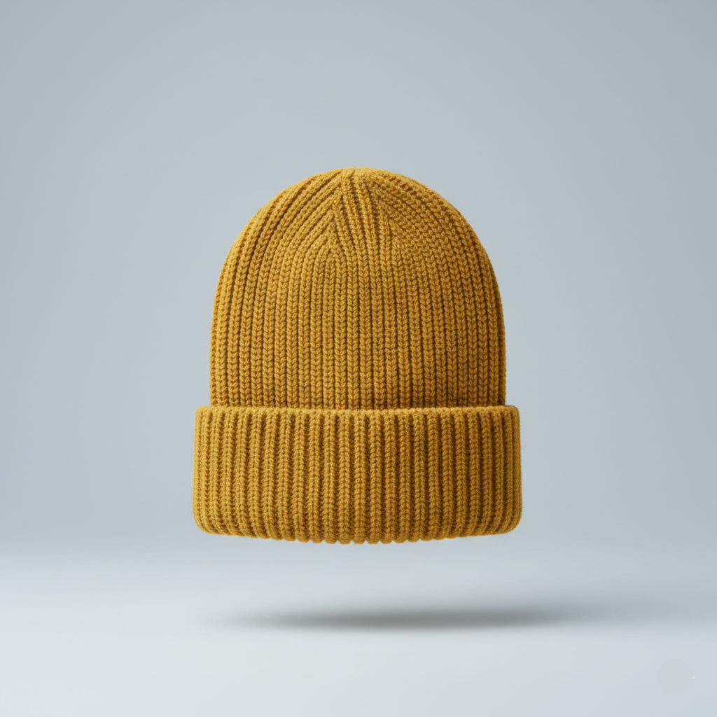 Yellow knit beanie on a light gray background