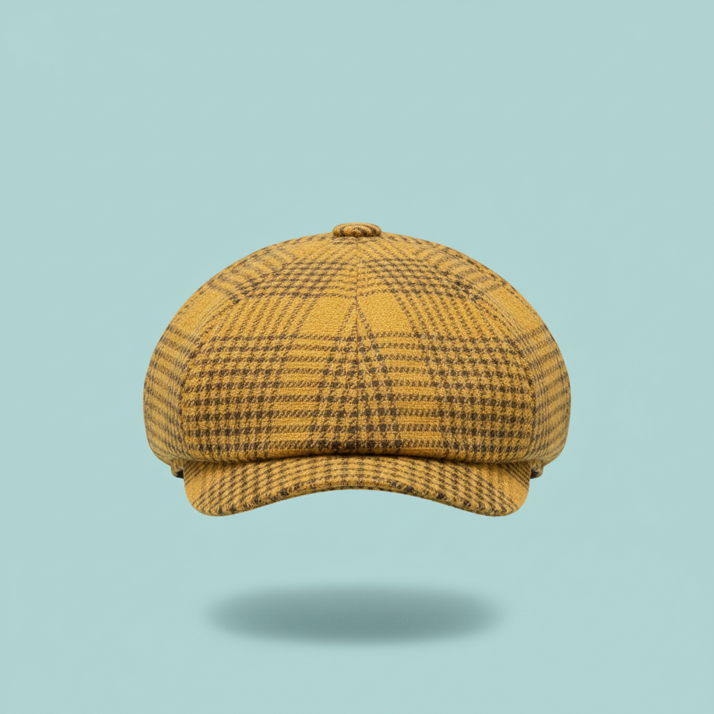 Yellow checkered cap on a light blue background