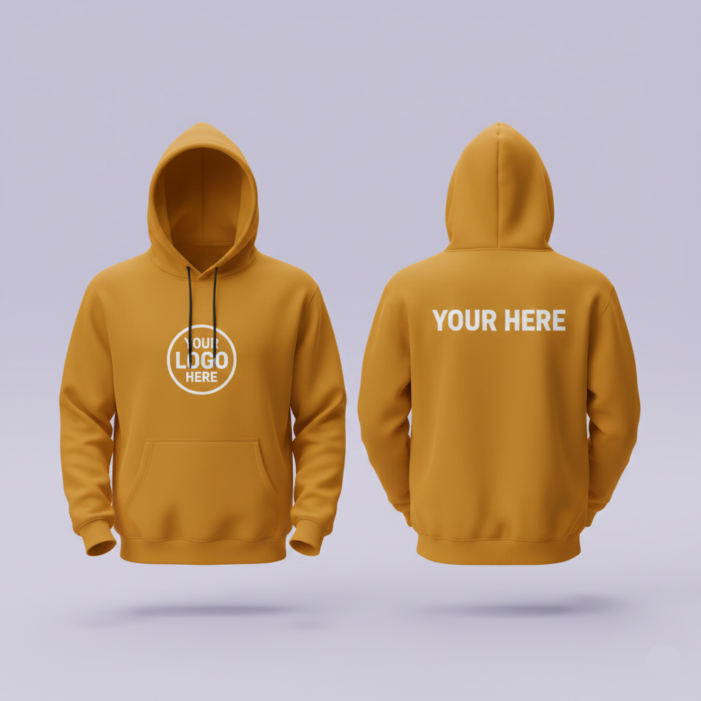 Yellow hoodie with customizable front and back design options on a light gray background